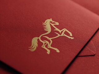 Gold horse emblem on red envelope displaying elegance and creativity