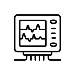 Cardiogram monitoring outline icon. Holter monitoring system. Heart beats symbol on screen. Cardiogram sign on white background. Vector simple illustration.