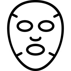 A simple line art drawing of a cosmetic facial sheet mask with eye nose and mouth cutouts on a transparent background representing skincare and beauty treatments