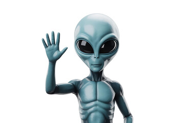 Gray-skinned extraterrestrial being waves, exhibiting a friendly gesture against a stark white background.