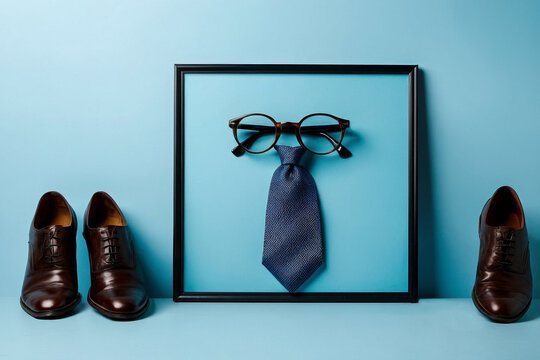 Flat Lay on Blue Background with Men's Accessories, Clothes and eyeglasses copy space AI Generative