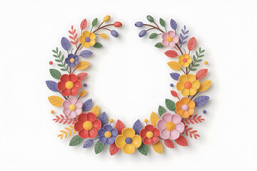 Colorful floral wreath, crafted with paper, displays vibrant blooms and lush greenery.