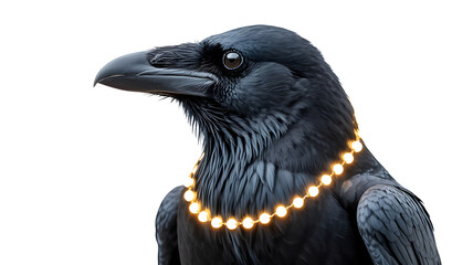 A black bird with a beaded necklace, striking pose, dark feathers, mysterious gaze, elegant and captivating.