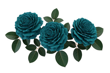 Three teal roses with lush green leaves arranged gracefully, evoking natural beauty and elegance.