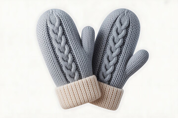 Cozy knitted mittens in gray and beige, showcasing a textured, warm winter accessory.