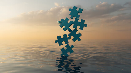 Blue puzzle pieces form a tower against a serene sunset sky over calm water.
