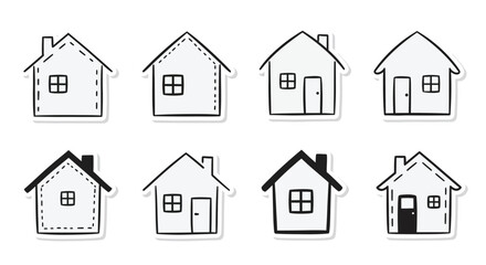 Simple black and white illustrations of various house shapes are shown