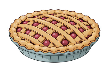 A delicious-looking berry pie with a lattice crust sits invitingly in a light blue dish.