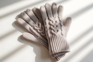 Warm knitted gloves rest against a bright, sunlit backdrop, showcasing cozy winter textures.