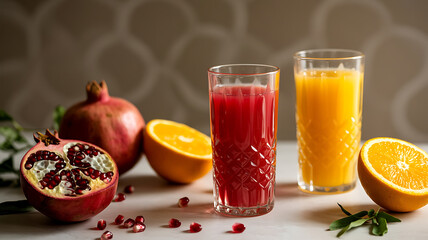 Pomegranate and orange juice in glasses, with fruit halves and seeds scattered around.