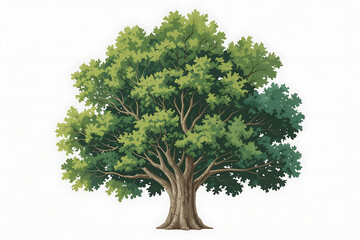 Lush green tree stands tall, its branches full, showcasing vibrant foliage and sturdy trunk.
