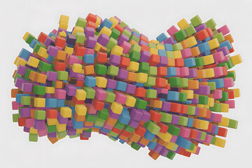 Colorful cube arrangement forms a dynamic, twisting shape, showcasing vibrant hues and geometric composition.