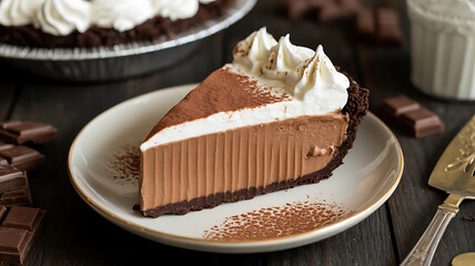 Rich chocolate pie with creamy layers, topped with whipped cream and chocolate shavings.