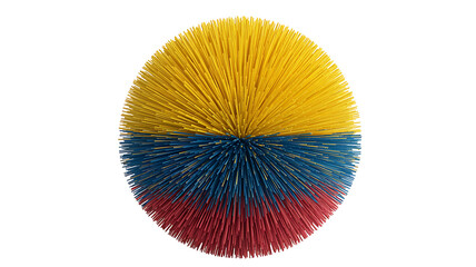 A spherical art installation with vibrant blue, red, and yellow bristles, creating a textured, colorful display.