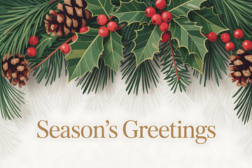 Festive pinecones, holly berries, and lush greenery evoke holiday cheer and warmth.