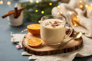 Warm beverage in a glass sits on a wooden board with festive decorations.
