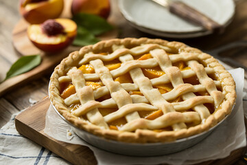 Fresh peach pie with lattice crust, golden filling, and rustic wooden presentation.