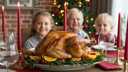 Festive family gathers around a roasted turkey, candles glow, celebrating a warm holiday meal.
