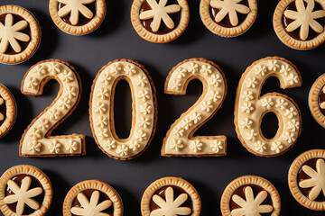 Arrangement of miniature fruit pies spelling out "2026" on a dark surface.