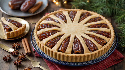 Dates filling a golden pie, surrounded by festive spices and a slice on a plate.