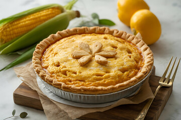 A sweet corn pie sits on a wooden board, alongside corn and fresh lemons.