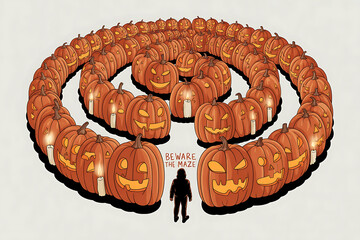 Spiraling pumpkin maze with carved faces encircles a solitary figure, festive and eerie.
