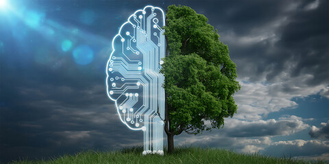 Human brain seamlessly merges with lush greenery, symbolizing nature and technology's interconnectedness.