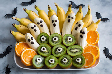 Festive fruit platter with bananas as ghosts, kiwi eyes, and orange slices for Halloween.