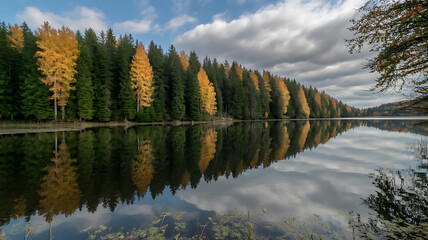 Autumn forest reflects beautifully on calm water, mirroring vibrant colors and serene landscape.
