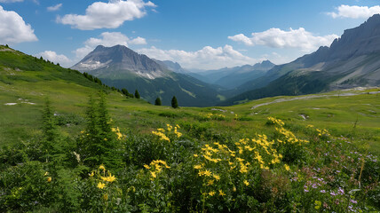 Vast green valley stretches towards distant, majestic mountains under a bright sky.
