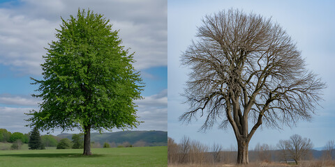 Lush green tree contrasts with a bare, stark tree against a bright sky.