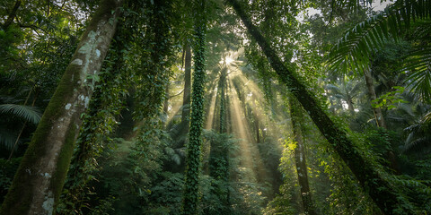 Lush, vibrant rainforest with sunbeams filtering through dense foliage, creating a serene atmosphere.