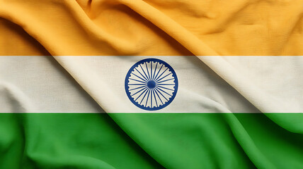 Vibrant waving flag with saffron, white, green bands and a navy blue central wheel design.