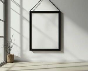 Empty black frame hanging on wall in minimalist interior with shadows