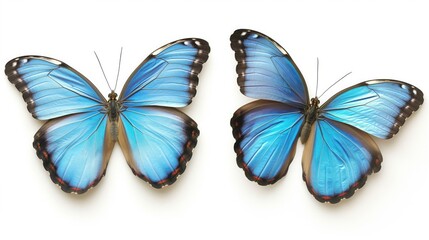 Two blue morpho butterflies isolated on white, specimen comparison