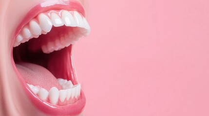 Open mouth with white teeth on pink background, dental health concept