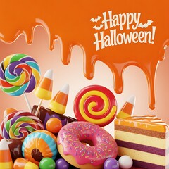Happy halloween assorted candy and cake slice