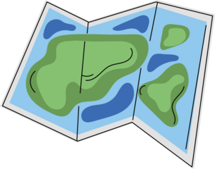Abstract Topographic Map Illustration With Green Land And Blue Water Regions On A White Background With A Folded Appearance
