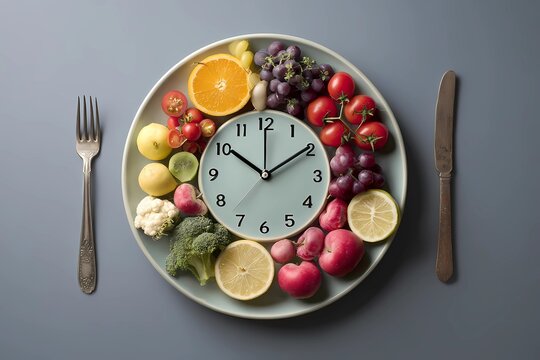 Creative clock design featuring colorful fruits and vegetables arranged as a healthy meal