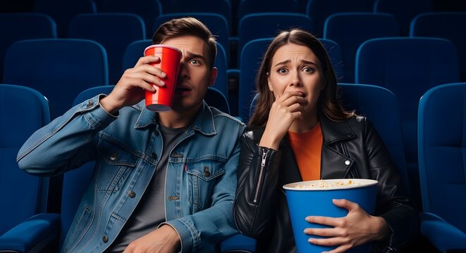 Scared couple watching a movie in a cinema, holding popcorn and a drink. - Powered by Adobe