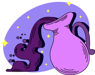 Aquarius Zodiac Symbol Purple Pitcher Pouring Dark Liquid Against Starry Lavender Background with Yellow Sparkles