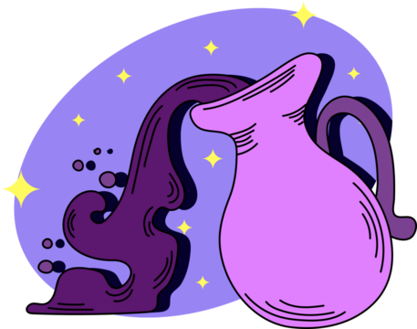 Aquarius Zodiac Symbol Purple Pitcher Pouring Dark Liquid Against Starry Lavender Background with Yellow Sparkles