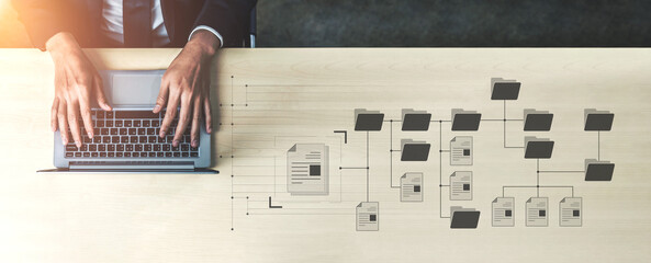 Digital file structure showing folder organization, file hierarchy, and document arrangement. File...
