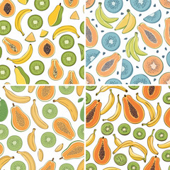 Tropical Fruit Seamless Pattern with Bananas, Kiwis, and Papayas — Vibrant Vector Background Design