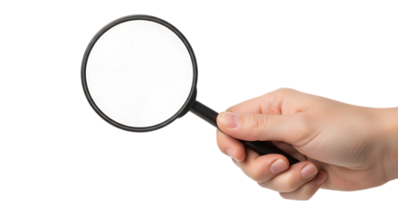 Hand holding a magnifying glass isolated on transparent background