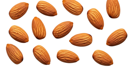 A scattering of whole almonds isolated on a transparent background