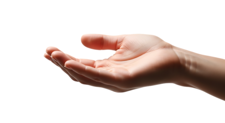 Open human hand reaching forward, isolated on transparent background