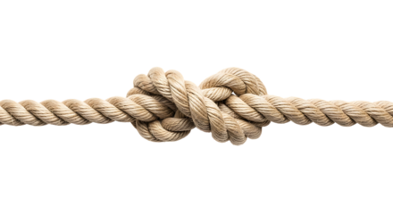 Thick natural fiber rope tied in a knot, isolated on transparent background