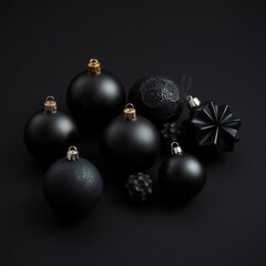 Luxury Contrast Christmas Matte Black Baubles, Gold Accents, Dynamic Texture, Holiday Still Life_6