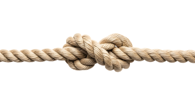 Thick natural fiber rope tied in a knot, isolated on transparent background